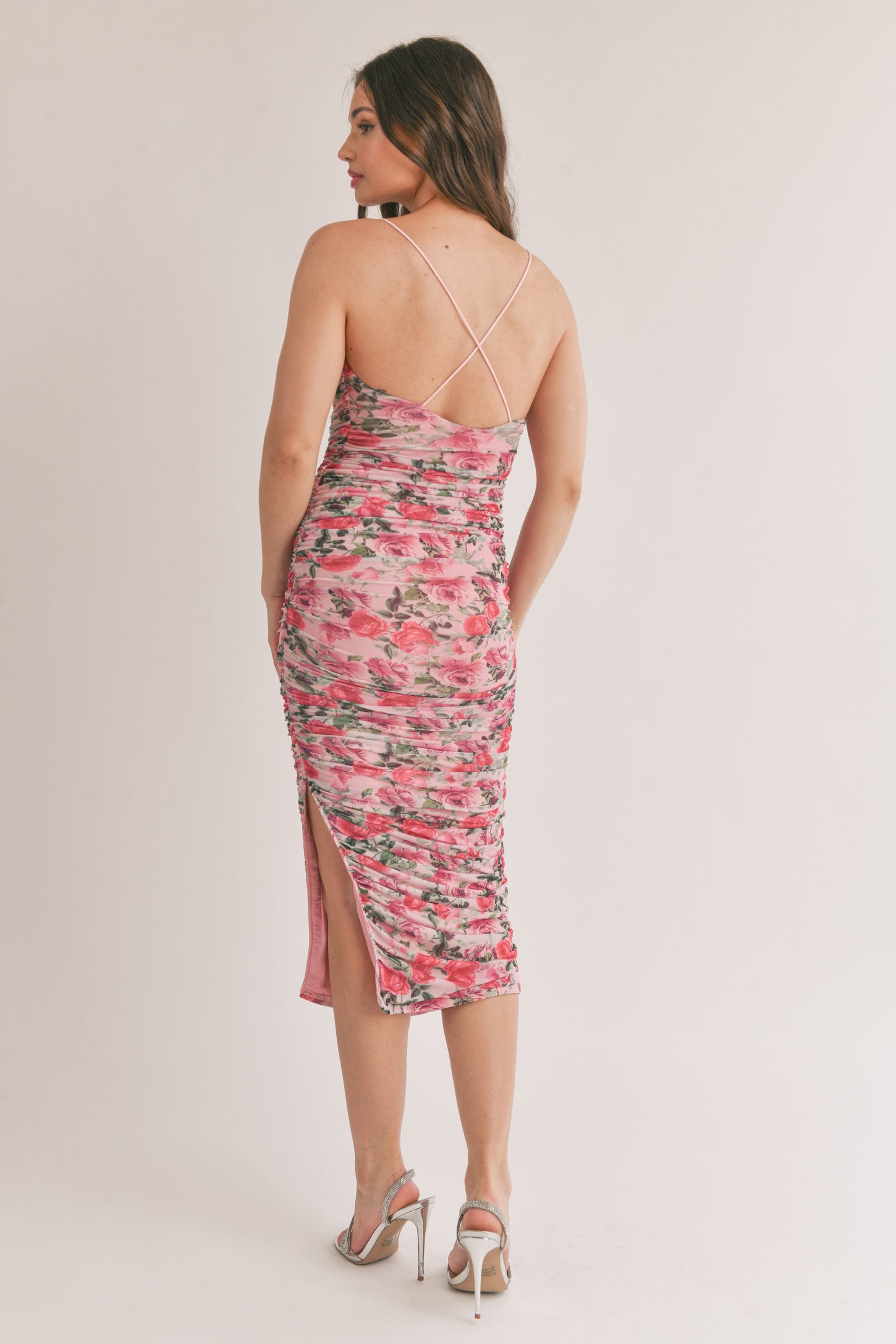 Pink Floral Mesh Ruched Criss Cross Back Midi Dress