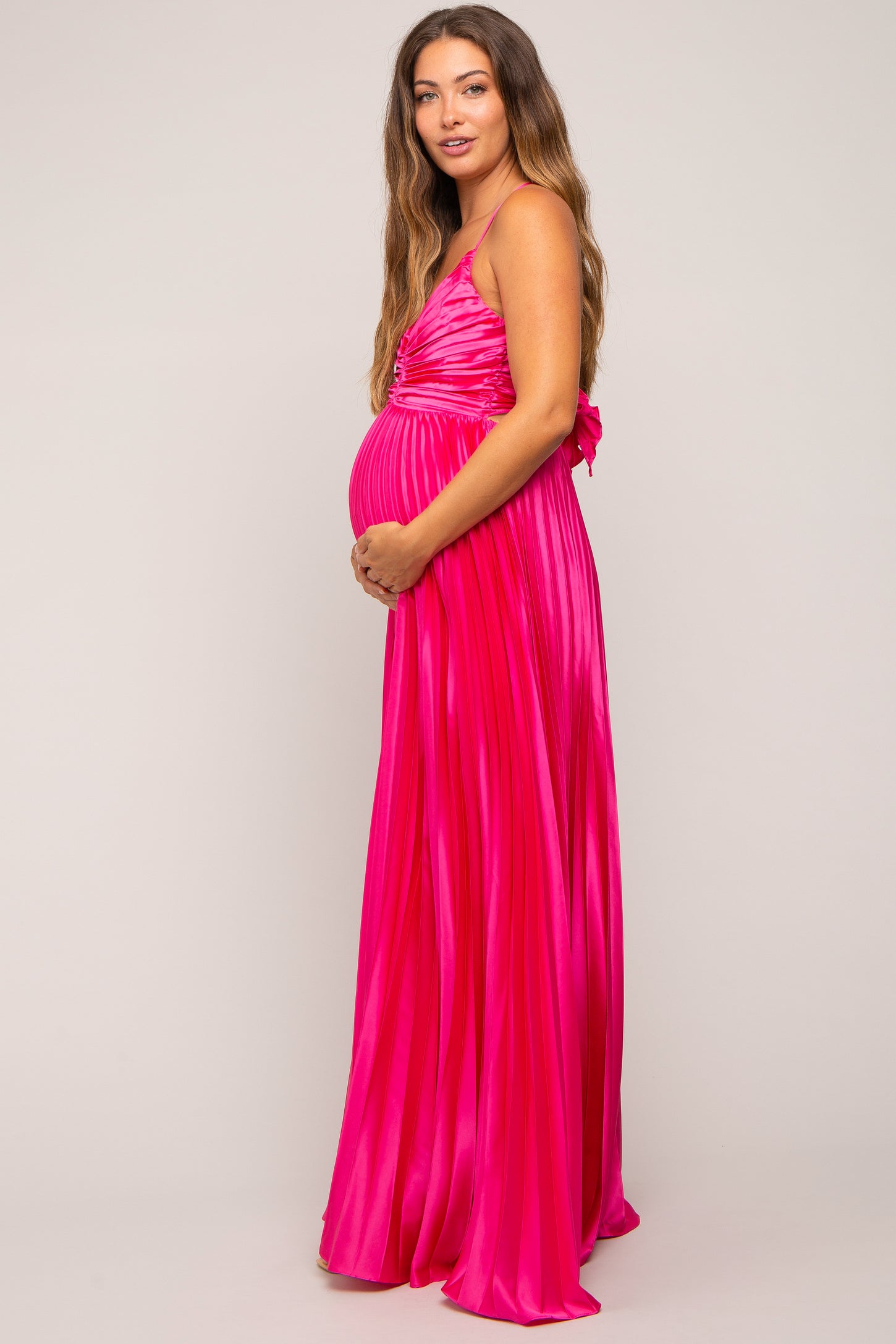 Fuchsia Satin Pleated Cutout Maternity Gown