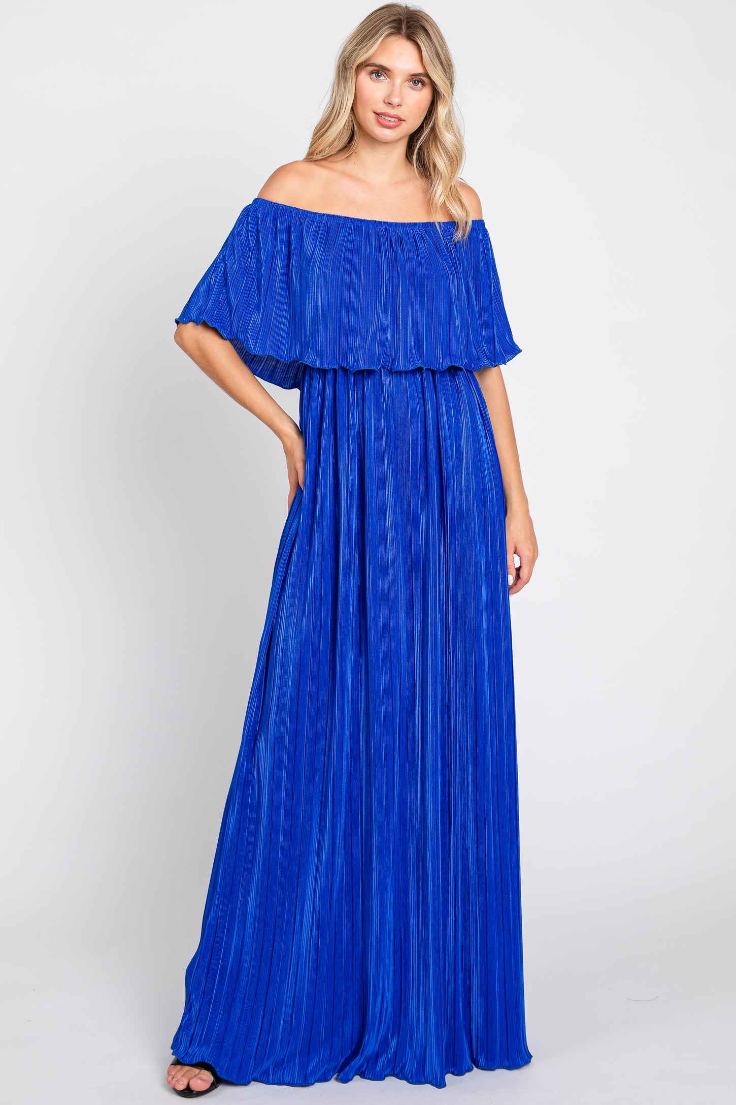 Royal Blue Pleated Plisse Ruffle Off-Shoulder Maternity Maxi Dress PinkBlush Royal Blue Pleated Plisse Ruffle Off-Shoulder Maternity Maxi Dress PinkBlush