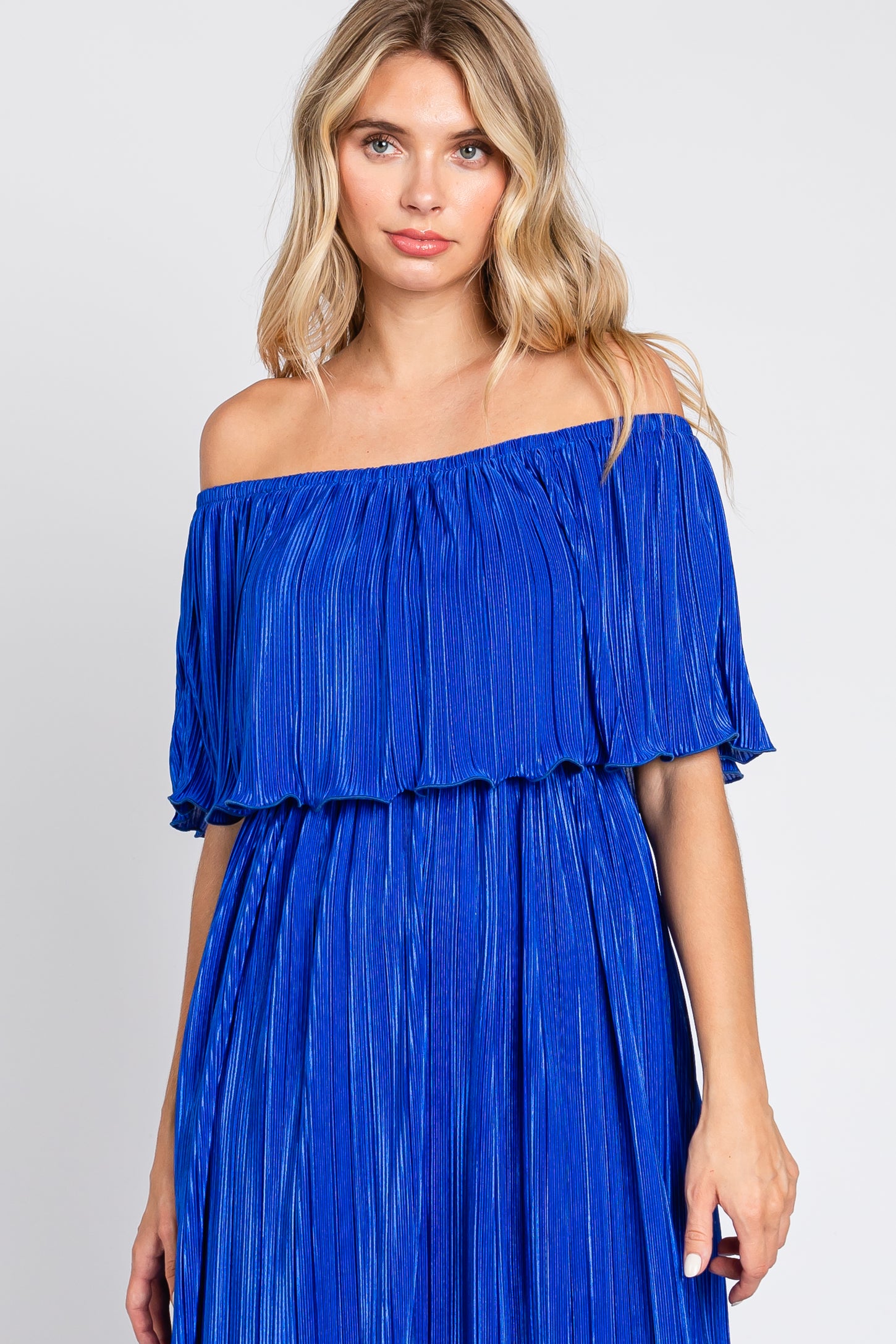 Royal Blue Pleated Plisse Ruffle Off-Shoulder Maxi Dress PinkBlush Royal Blue Pleated Plisse Ruffle Off-Shoulder Maxi Dress PinkBlush