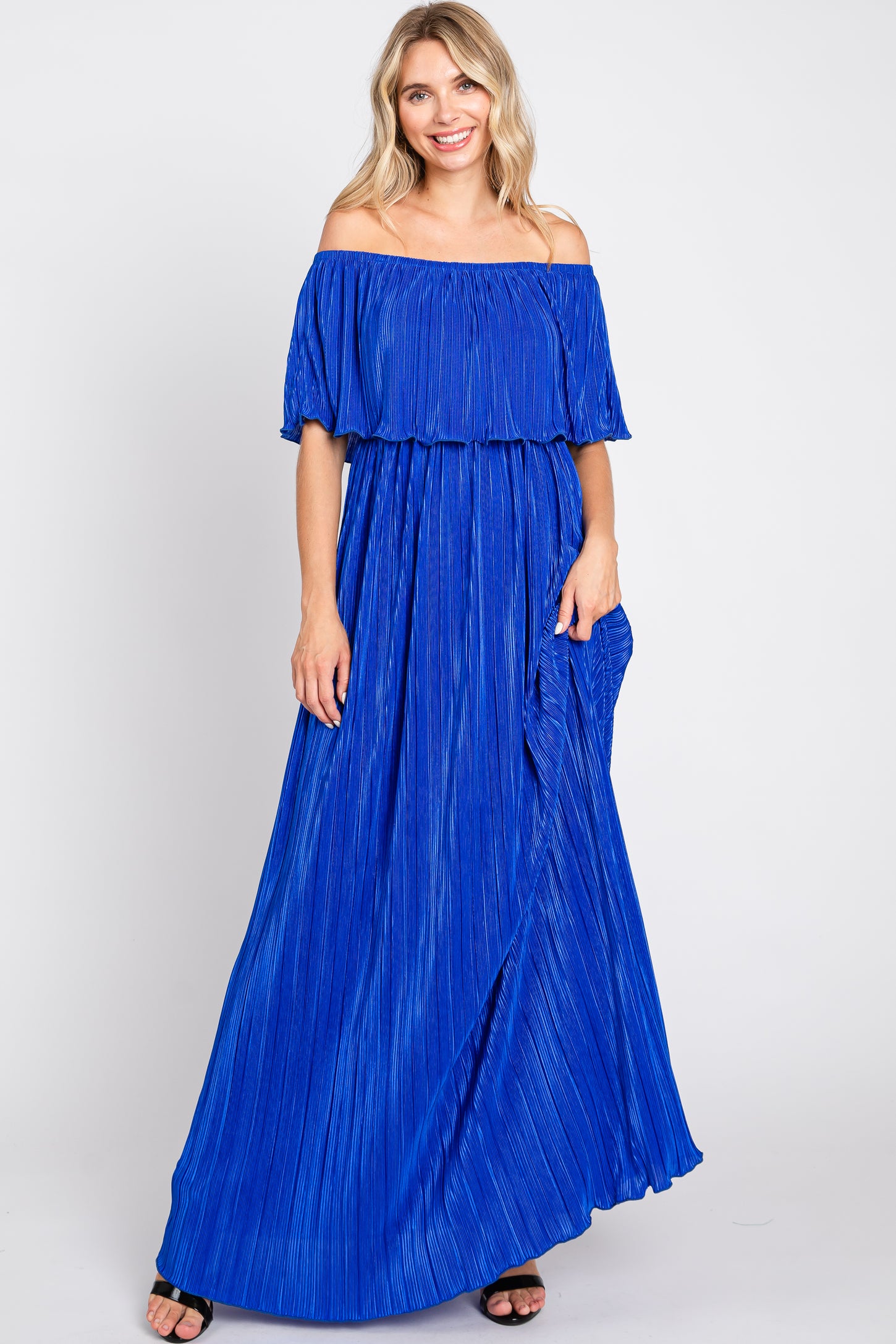 off shoulder plisse dress Off-Shoulder Hybrid Pleated Dress