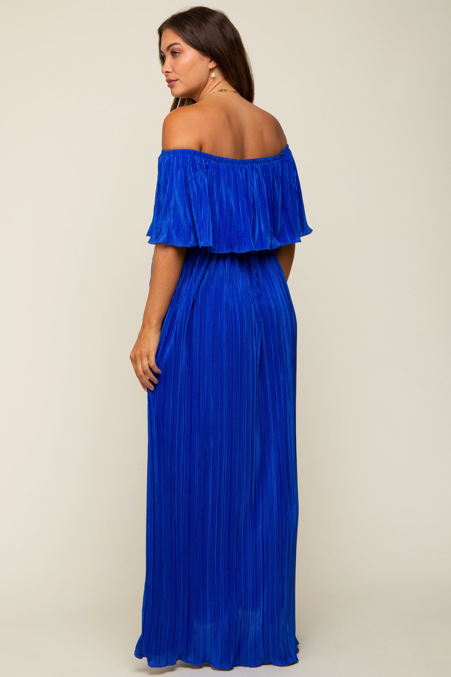 Royal Blue Pleated Plisse Ruffle Off-Shoulder Maternity Maxi Dress PinkBlush Royal Blue Pleated Plisse Ruffle Off-Shoulder Maternity Maxi Dress PinkBlush