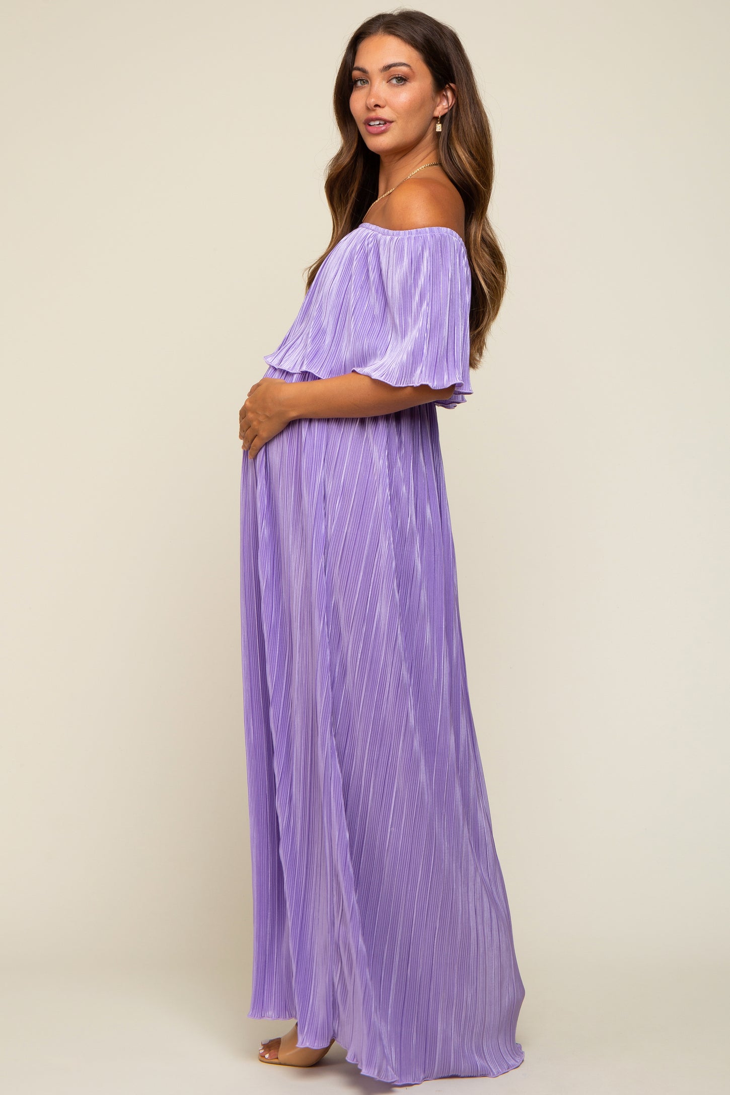 Lavender Pleated Plisse Ruffle Off Shoulder Maternity Maxi Dress Lavender Pleated Plisse Ruffle Off Shoulder Maternity Maxi Dress
