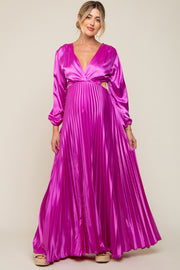 Magenta Satin Low Back Cutout Pleated Maternity Maxi Dress