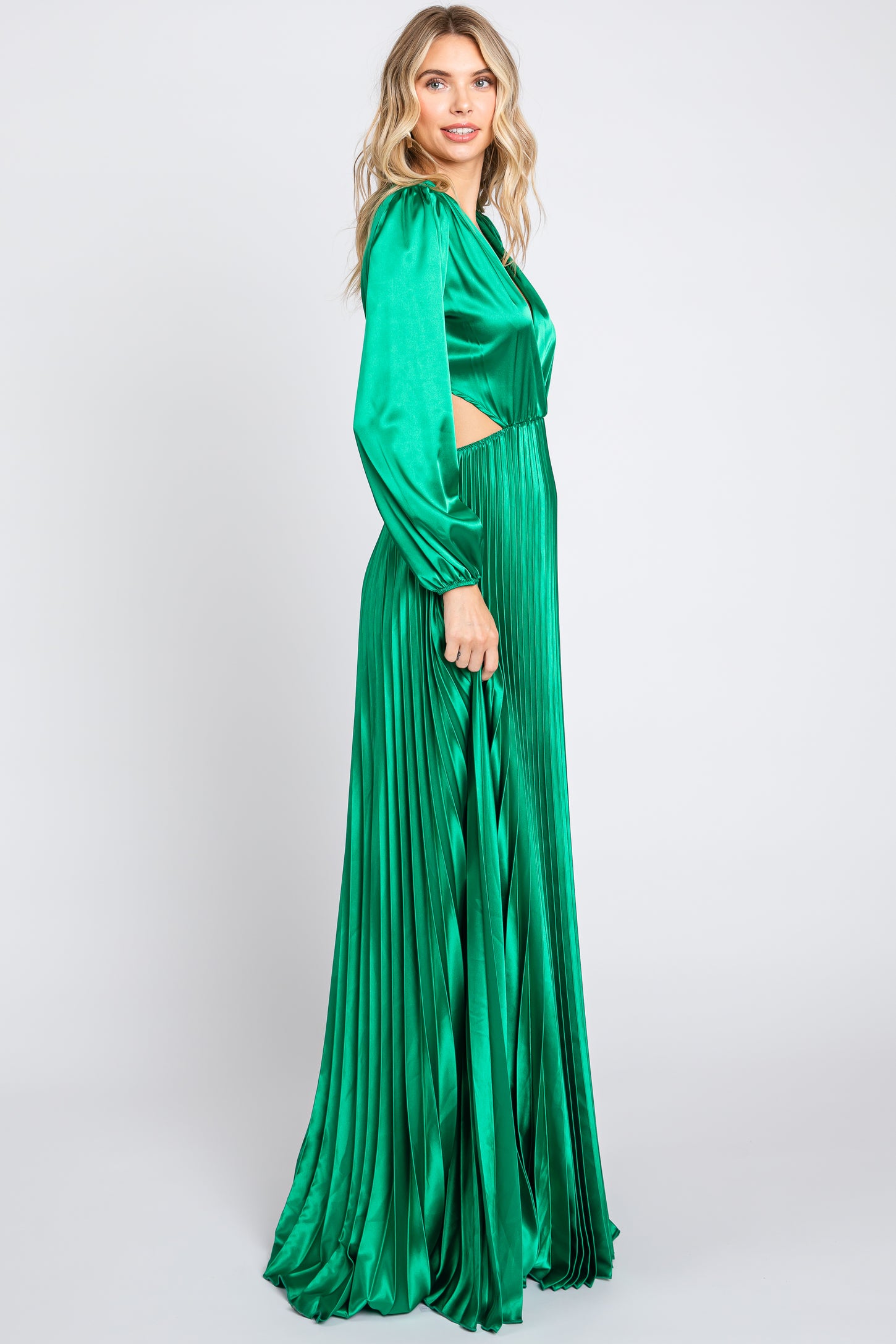 Green Satin Low Back Cutout Pleated Maxi Dress
