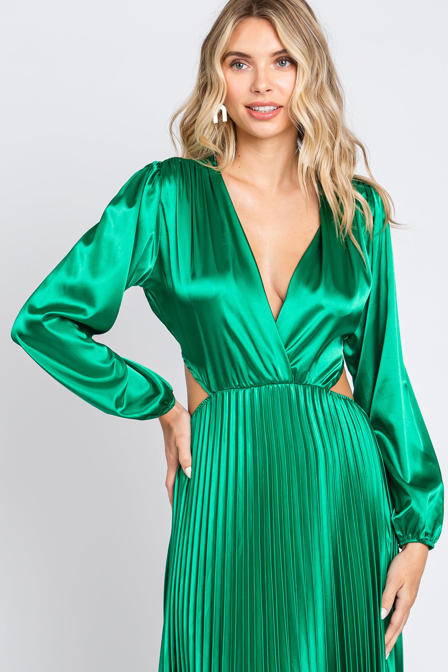 Green Satin Low Back Cutout Pleated Maxi Dress