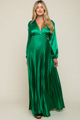 Green Satin Low Back Cutout Pleated Maternity Maxi Dress