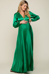 Green Satin Low Back Cutout Pleated Maternity Maxi Dress