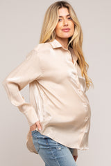 Beige Shimmer Satin Button Up Long Sleeve Maternity Blouse
