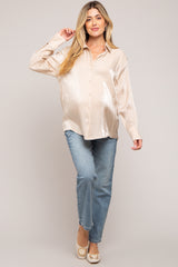Beige Shimmer Satin Button Up Long Sleeve Maternity Blouse