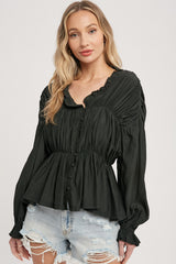 Black Shirred Button Up Blouse