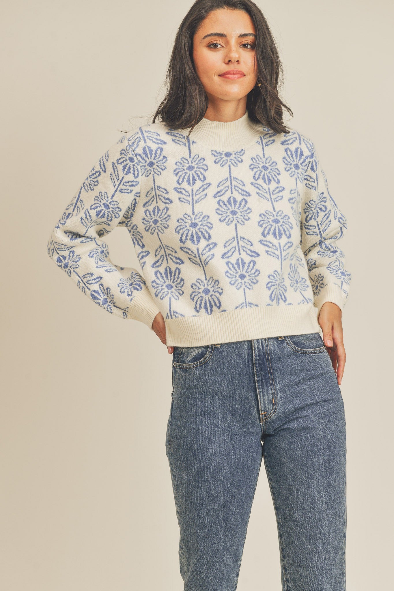 Deep Blue Floral Pattern Knit Sweater
