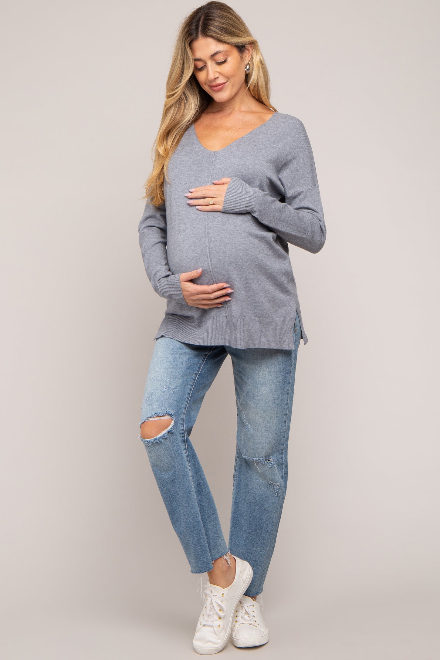 Heather Grey Long Sleeve Side Slit Maternity Sweater