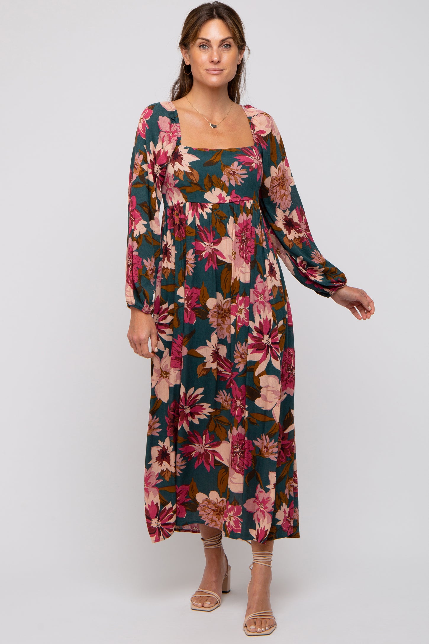 Forest Green Floral Long Sleeve Midi Dress – PinkBlush
