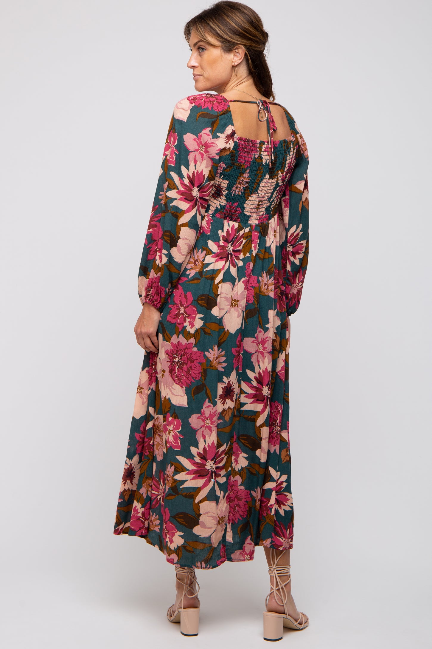 Forest Green Floral Long Sleeve Midi Dress