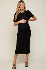 Black Ribbed Ruffle Maternity Midi Dress