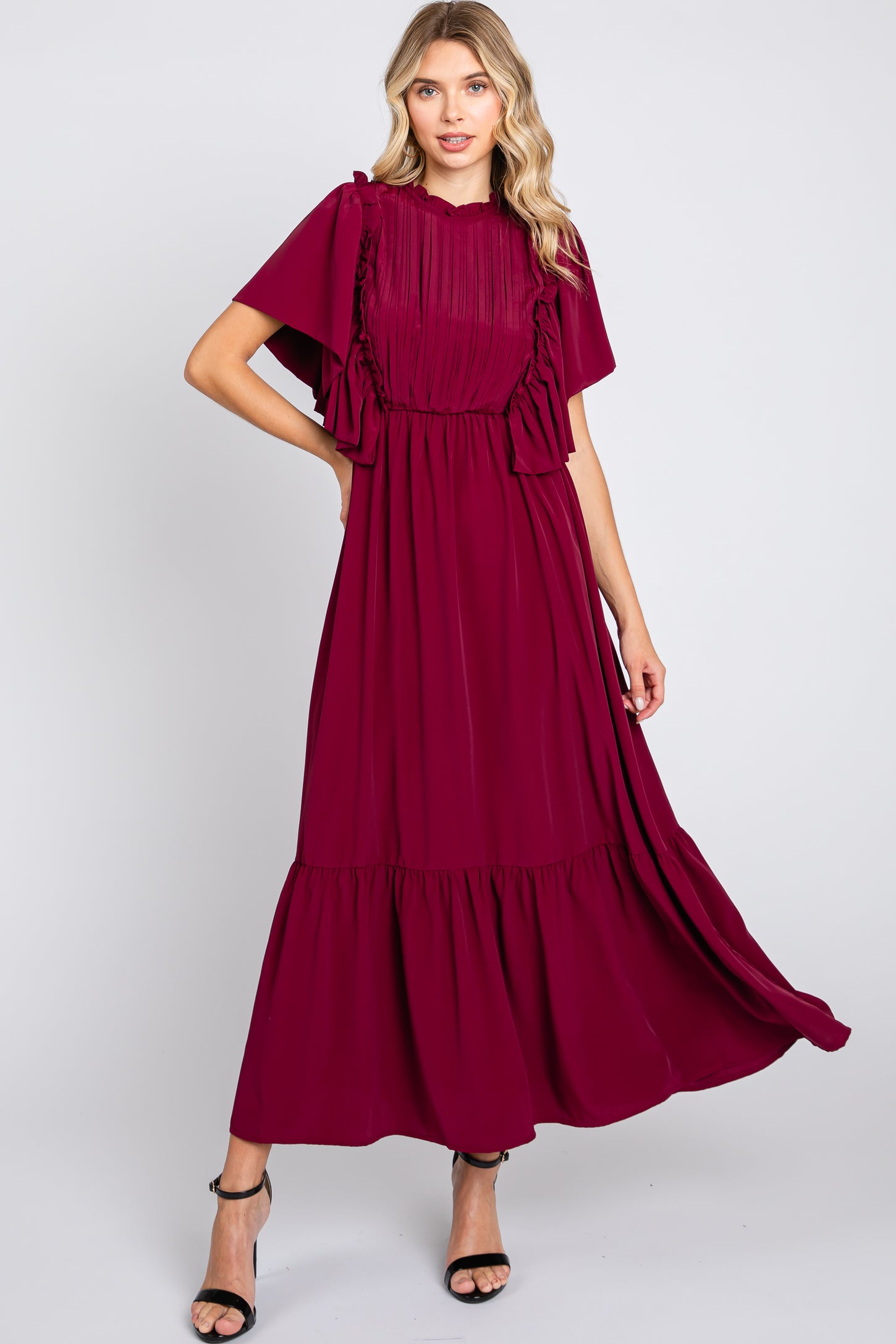 Burgundy Ruffle Pleated Maxi Dress PinkBlush Burgundy Ruffle Pleated Maxi Dress PinkBlush