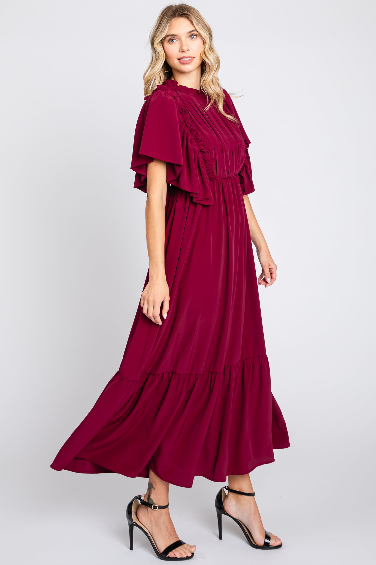 Burgundy Ruffle Pleated Maxi Dress PinkBlush Burgundy Ruffle Pleated Maxi Dress PinkBlush