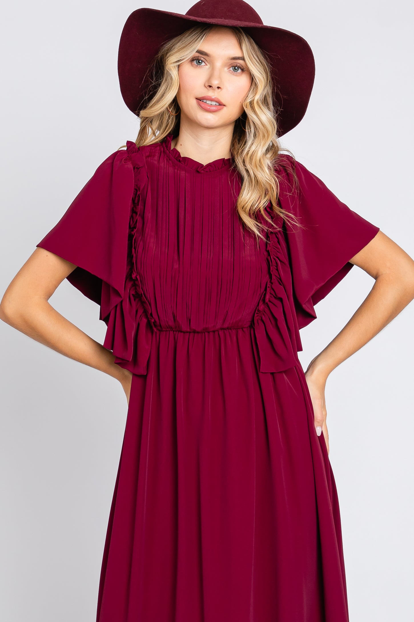 Burgundy Ruffle Pleated Maxi Dress PinkBlush Burgundy Ruffle Pleated Maxi Dress PinkBlush