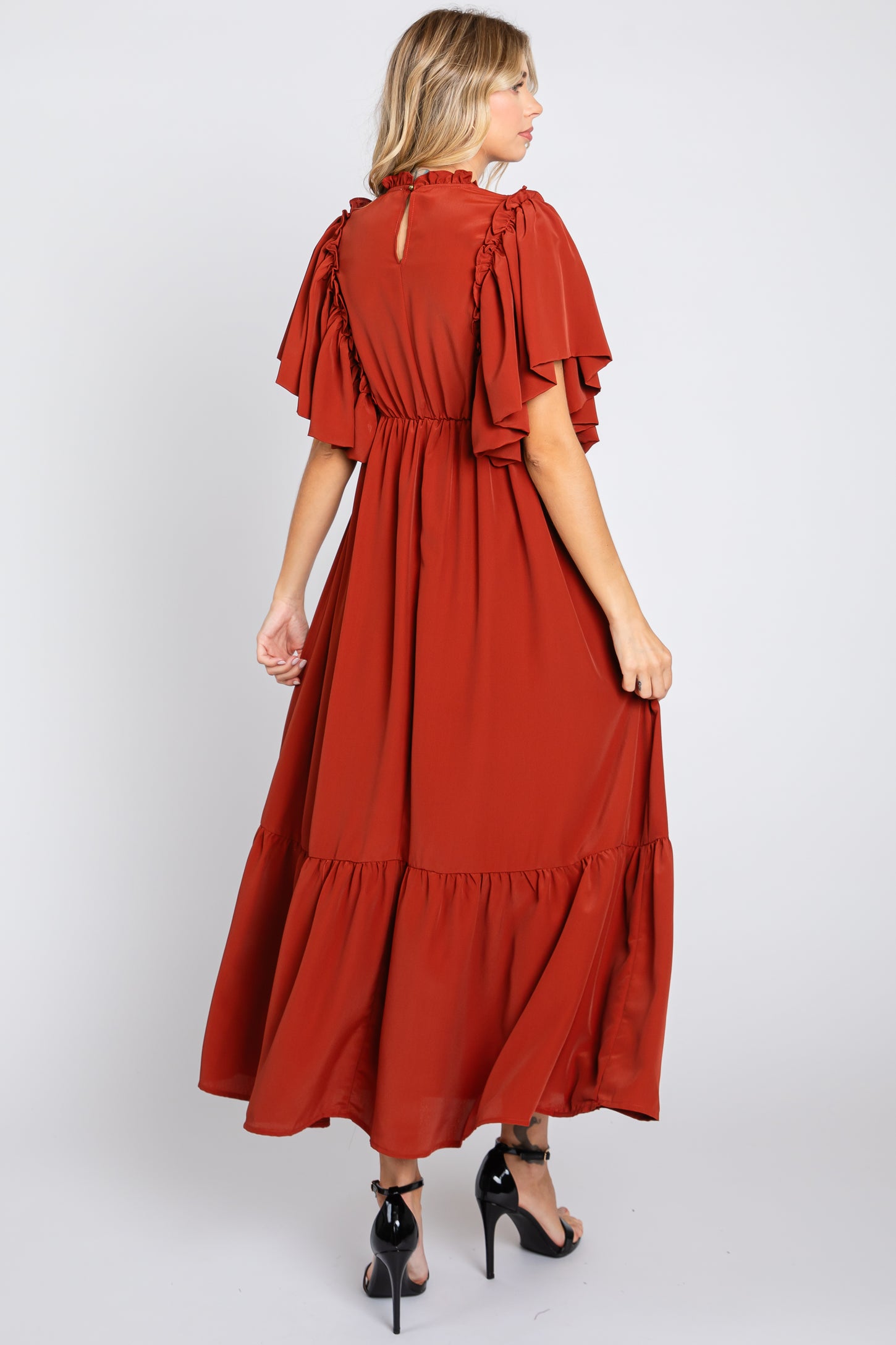 Rust Ruffle Pleated Maxi Dress – PinkBlush