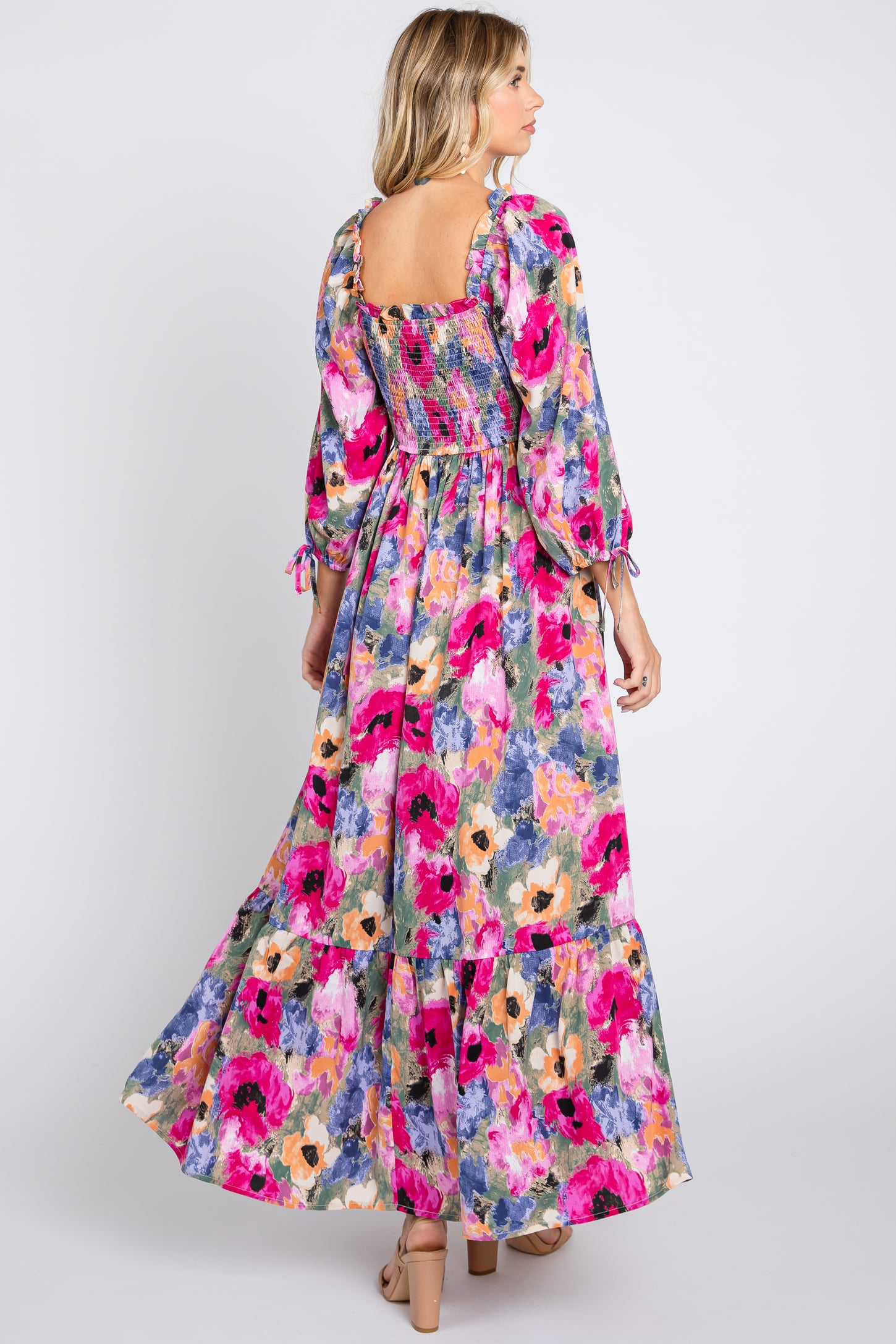 Lavender Floral Smocked Square Neck Midi Dress