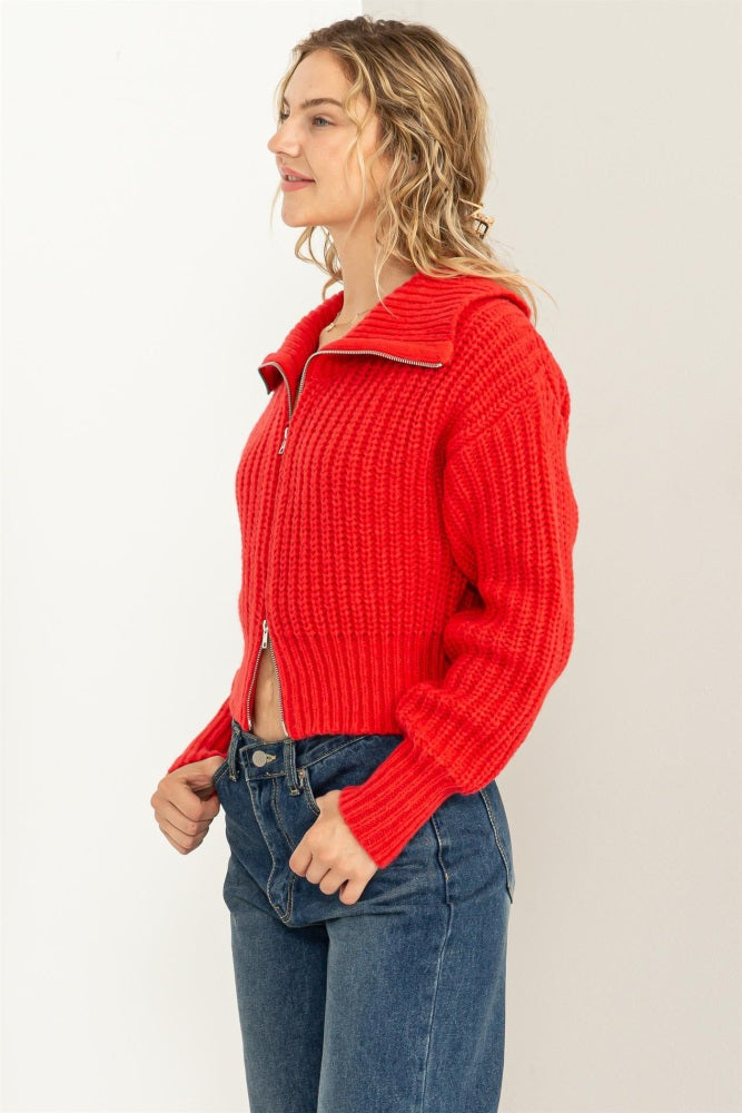 Red Collared Double Zip Cardigan
