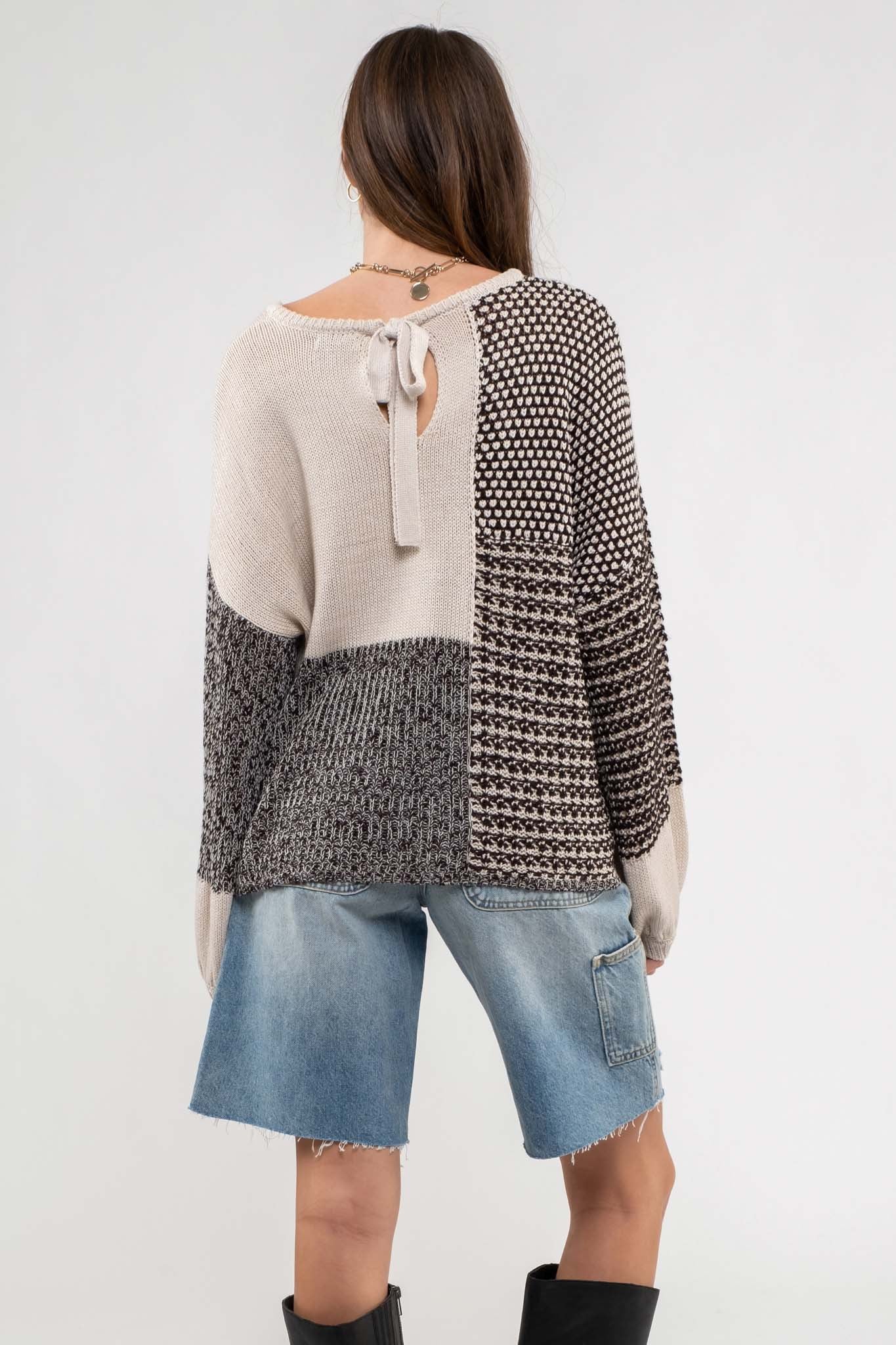 Black Multi Drop Shoulder Colorblock Knit Sweater