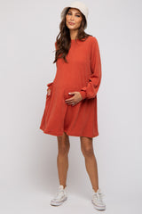 Rust Mock Neck Long Sleeve Maternity Dress