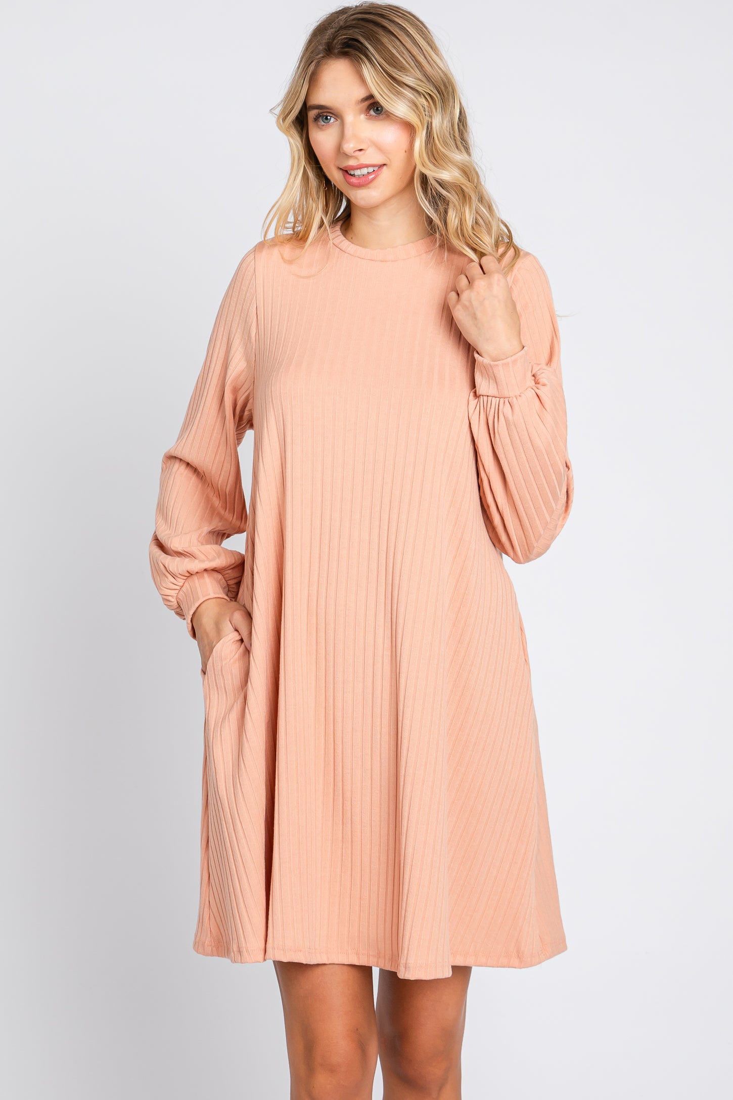 Light Pink Ribbed Mock Neck Long Sleeve Maternity Dress Light Pink Ribbed Mock Neck Long Sleeve Maternity Dress