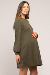 Olive Ribbed Mock Neck Long Sleeve Maternity Dress
