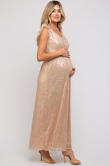 Beige Sequin Sleeveless Wrap V-Neck Maternity Gown