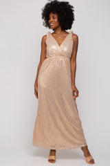 Beige Sequin Sleeveless Wrap V-Neck Maternity Gown