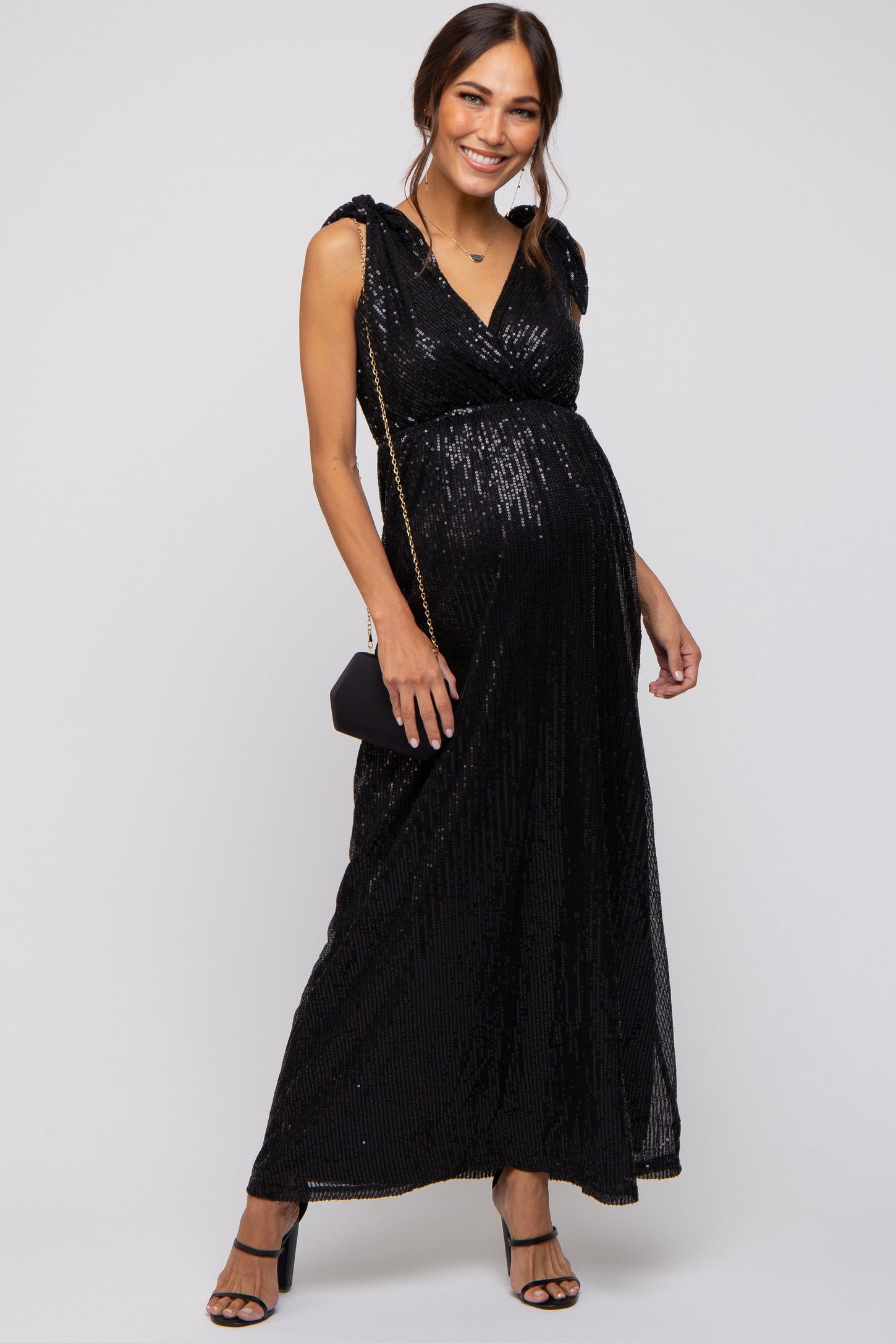 Black Sequin Sleeveless Wrap V-Neck Maternity Gown PinkBlush Black Sequin Sleeveless Wrap V-Neck Maternity Gown PinkBlush
