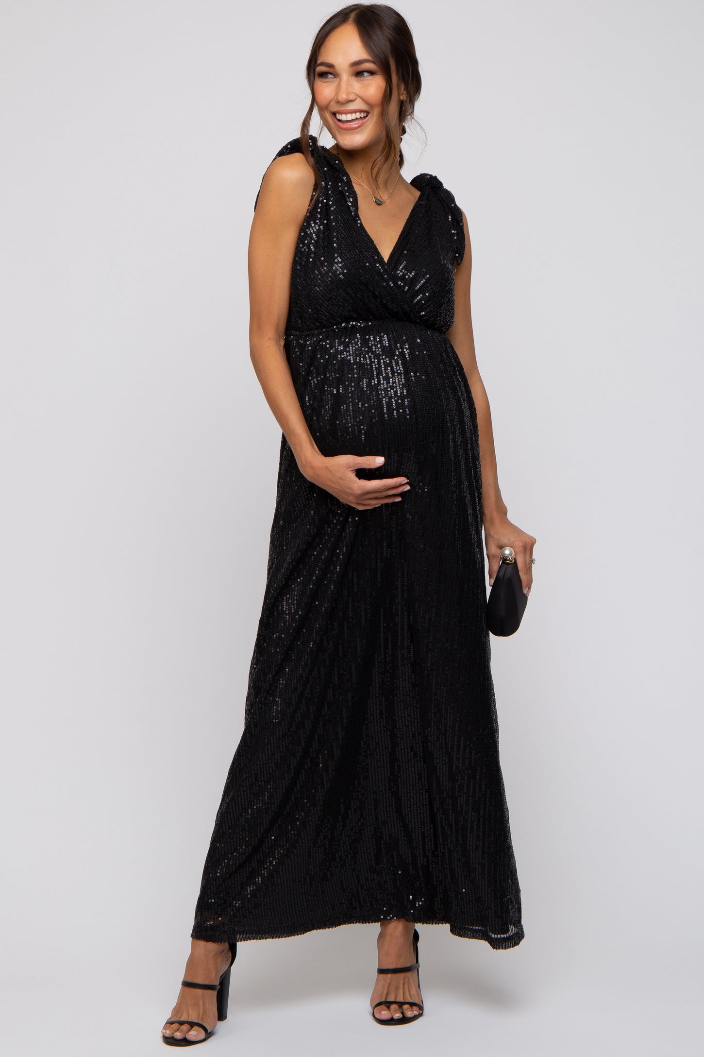 Black Sequin Sleeveless Wrap V-Neck Maternity Gown PinkBlush Black Sequin Sleeveless Wrap V-Neck Maternity Gown PinkBlush