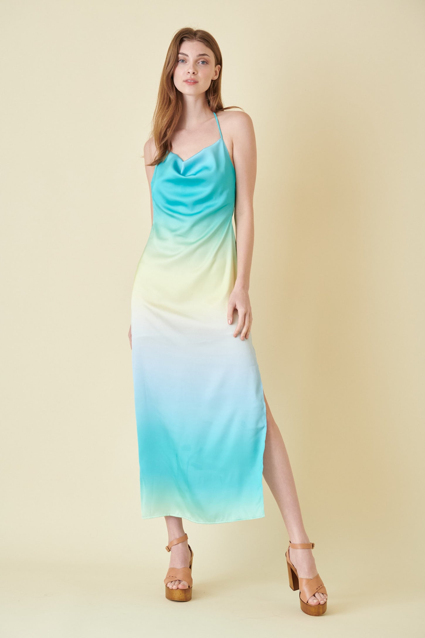 Blue Green Cowl Halter Neck Ombre Slip Side Split Dress