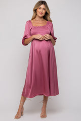 Mauve Satin Smocked Maternity Midi Dress