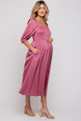 Mauve Satin Smocked Maternity Midi Dress