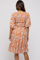 Taupe Floral Smocked Puff Sleeve Maternity Dress