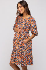 Navy Floral Smocked Puff Sleeve Maternity Dress