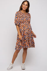 Navy Floral Smocked Puff Sleeve Maternity Dress