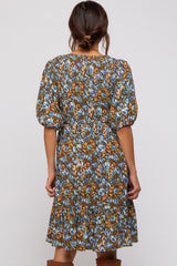 Brown Floral Smocked Puff Sleeve Maternity Dress