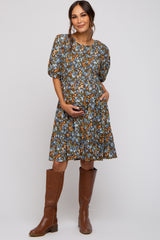 Brown Floral Smocked Puff Sleeve Maternity Dress