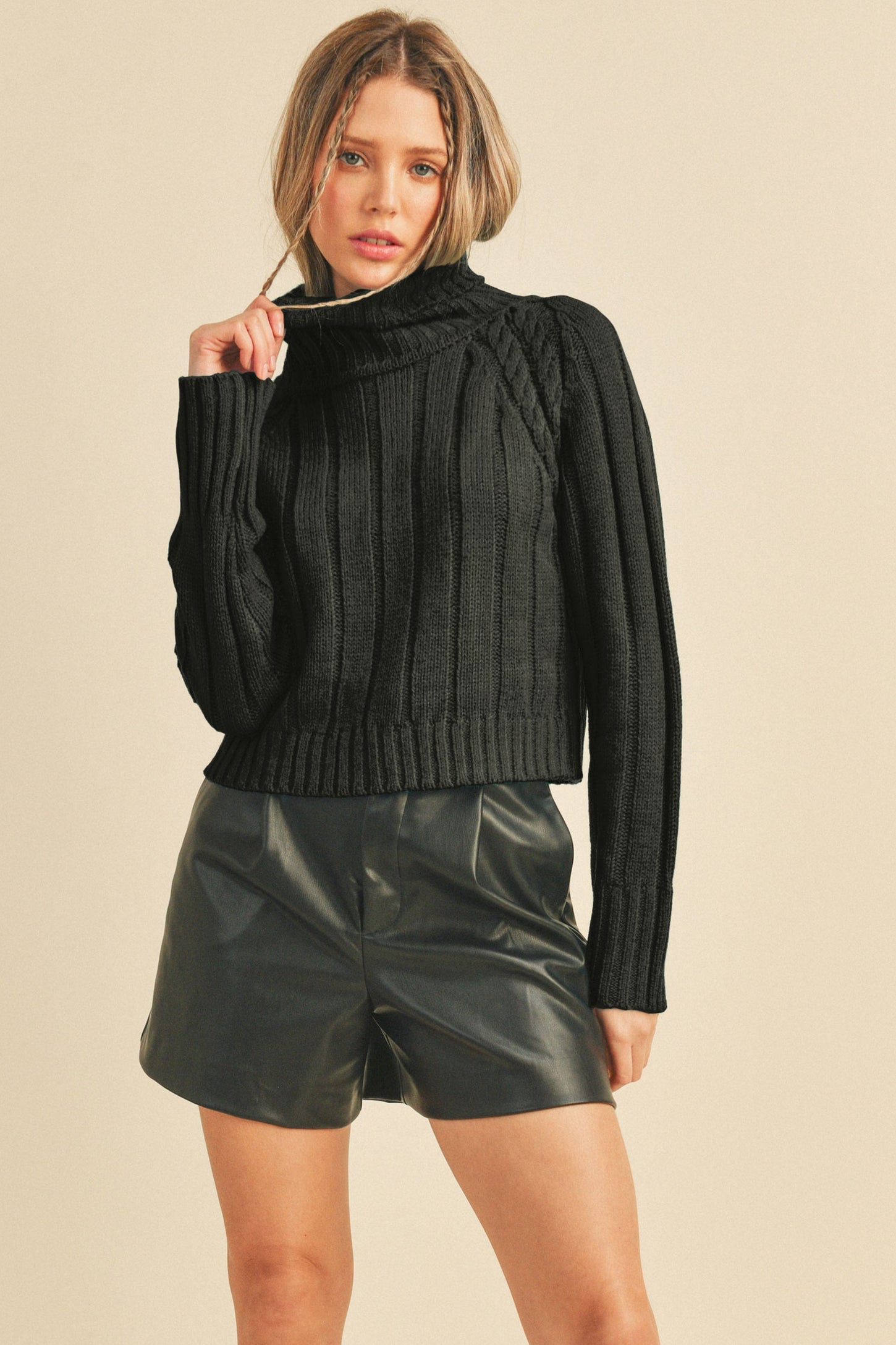 Black Cable Knit Turtleneck Sweater