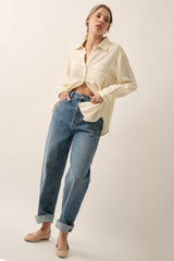 Cream Stripe Collar Neck Chest Pocket Shirt