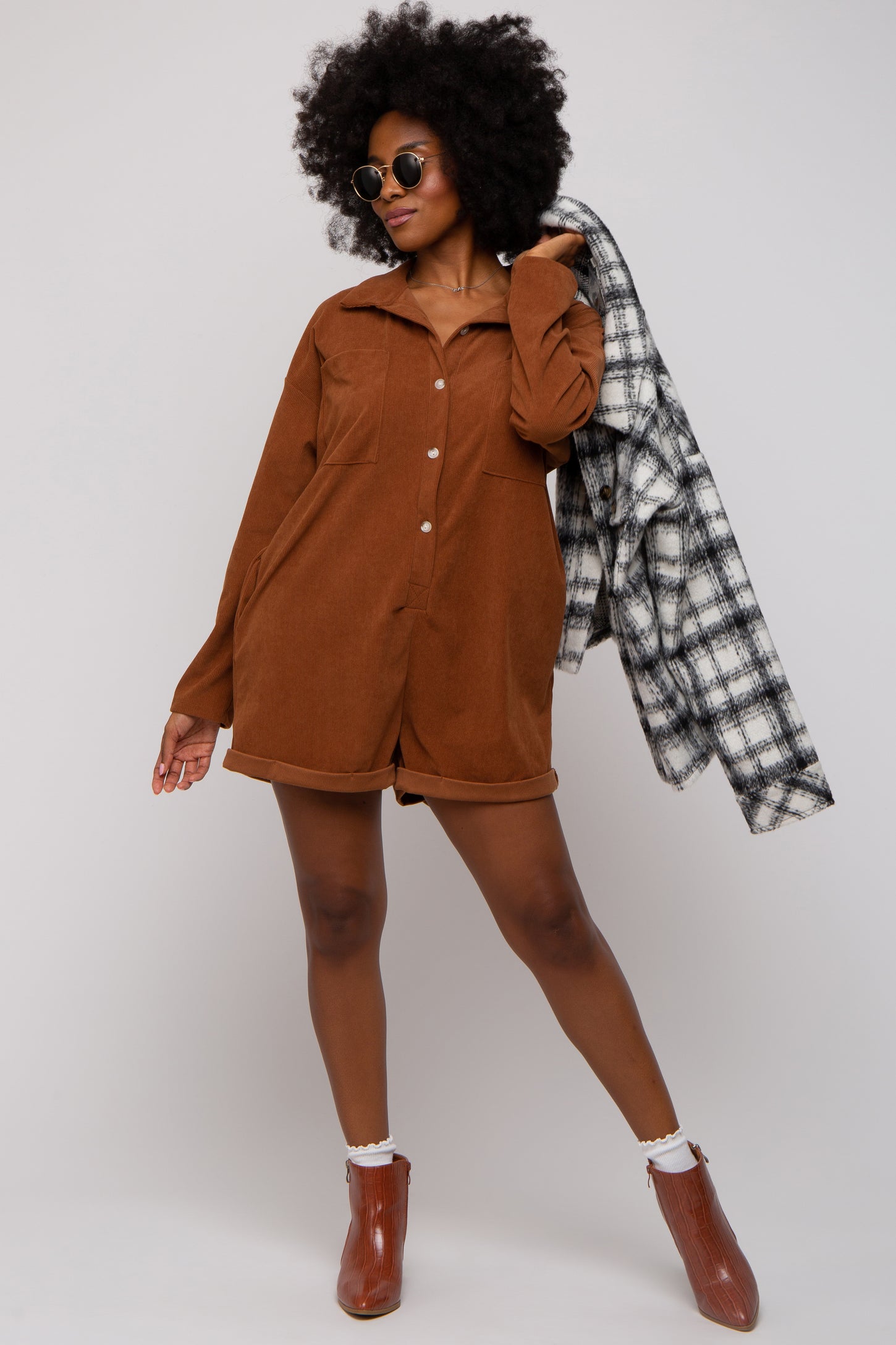 Camel Corduroy Button Up Front Pocket Romper