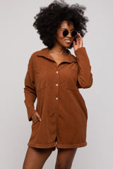 Camel Corduroy Button Up Front Pocket Maternity Romper