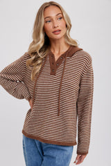 Mocha Striped Drawstring Hooded Maternity Sweater