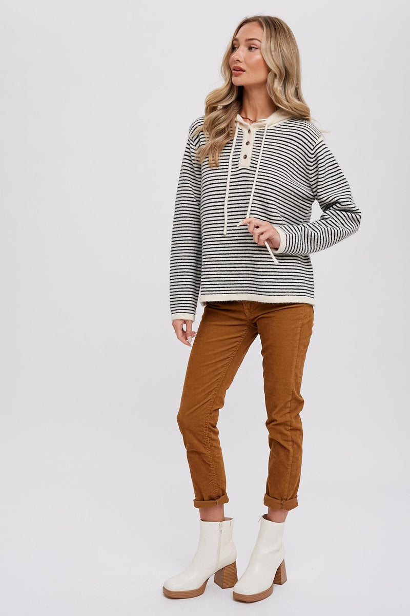 String Sweater Black Striped Drawstring Hooded Sweater – PinkBlush