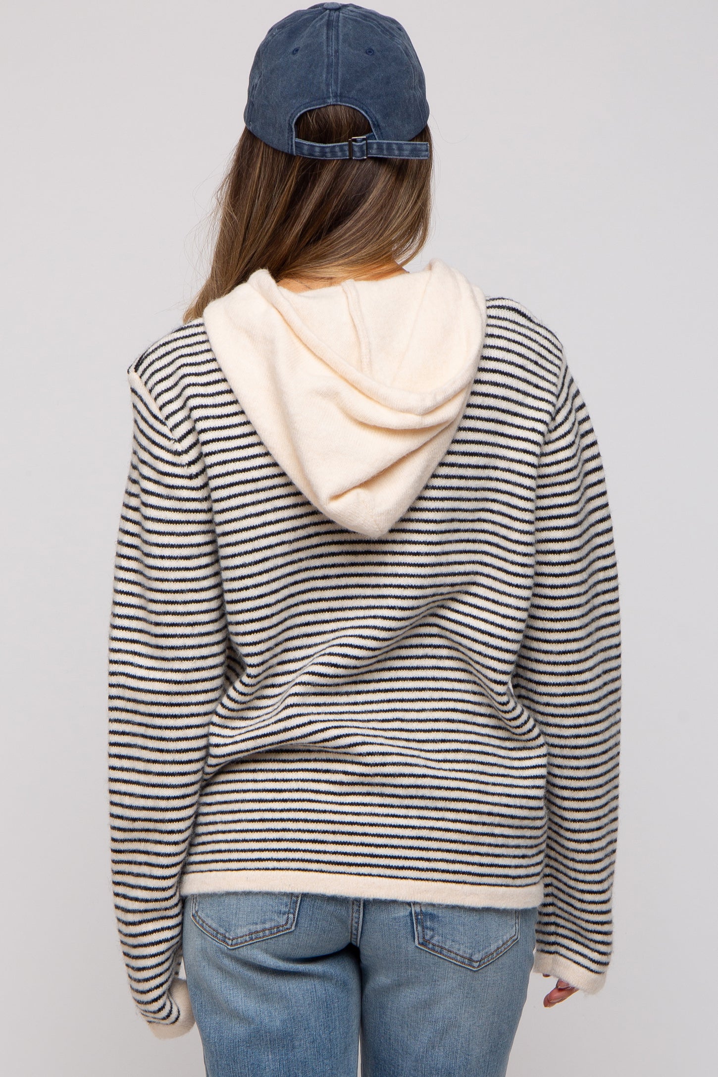 Black Striped Drawstring Hooded Maternity Sweater
