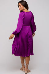 Purple Satin Smocked and Pleated Maternity Midi Dress
